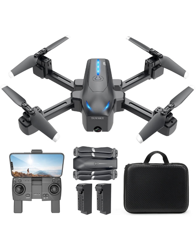 Mini foldable drone with UHD camera, remote control, batteries, and carry case